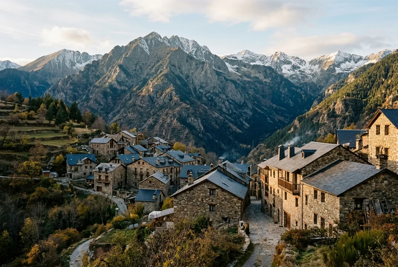 Village andorran aux toits d'ardoise, immeubles de pierre en montagne