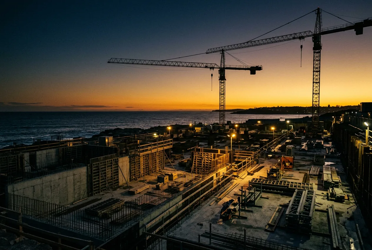 Grues d’un chantier côtier au crépuscule