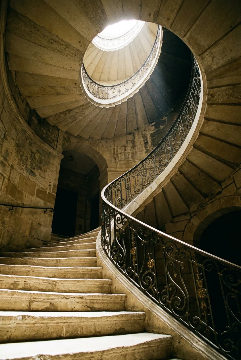 Escalier de pierre patrimonial sous une lumière zénithale, Europe